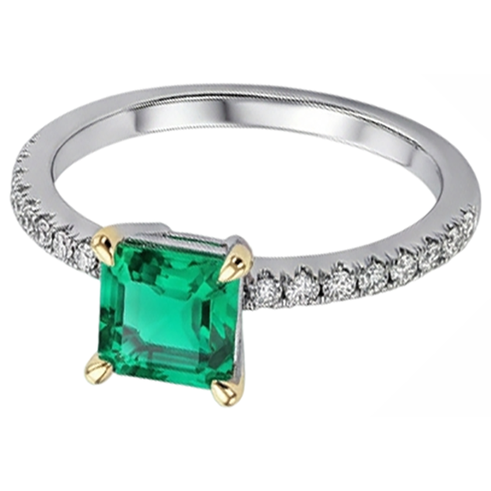 Fine Emerald Asscher Cut Colored Stone Ring in Two-Tone 14K Gold – angle view