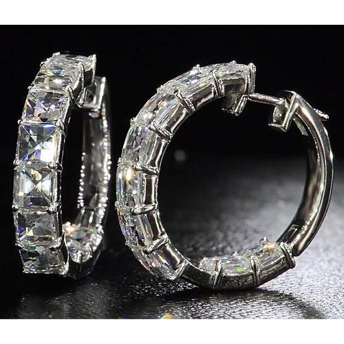 Asscher Cut Real Diamond Hoop Earring 5.40 Carats White Gold 14K