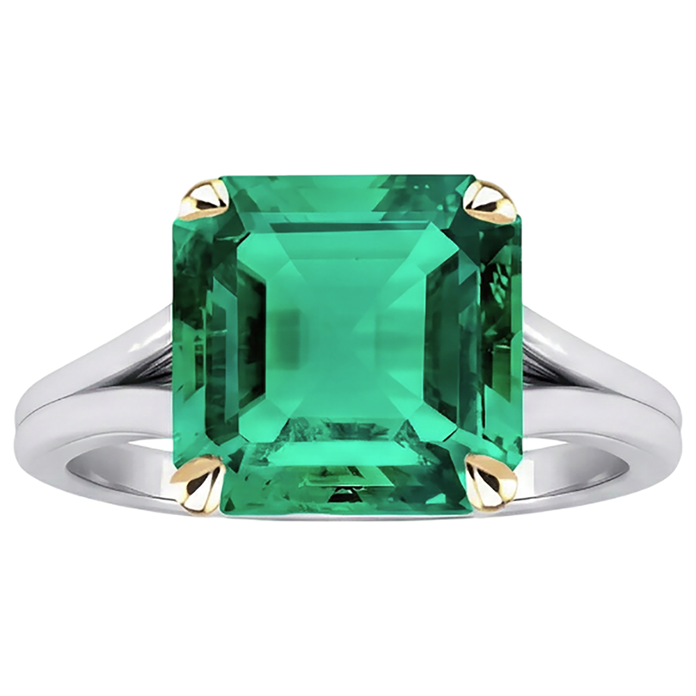 Earth-Mined Fine Emerald Precious Stone Ring 5 ct 14 Karat Two Tone Gold – front view