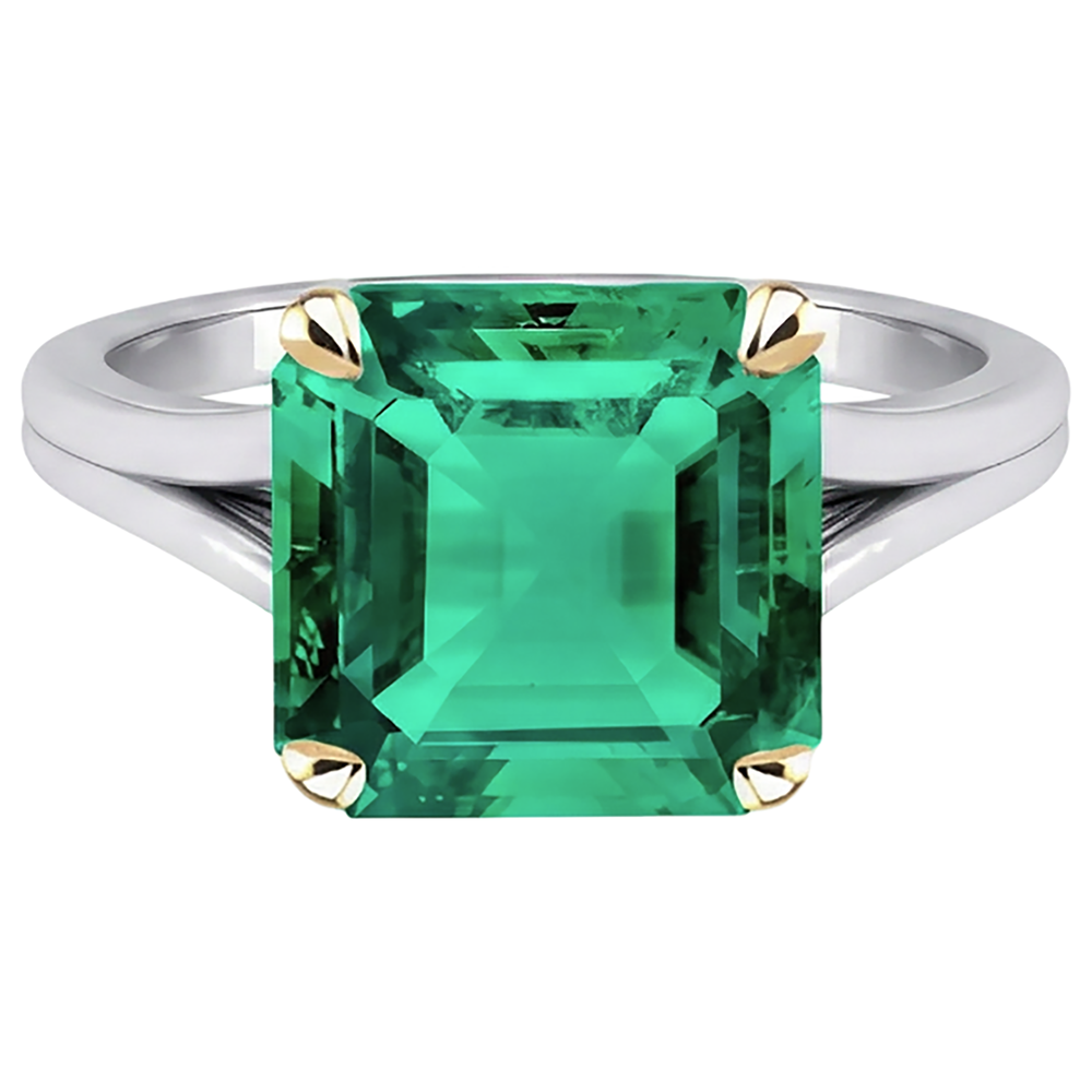 Fine Emerald Asscher Precious Stone Ring in 14 Karat Two Tone Gold – profile view