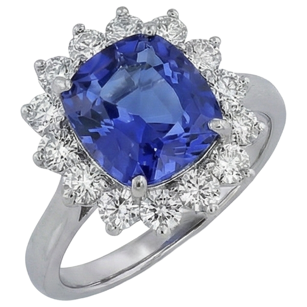 Asscher Cut Tanzanite With Natural Earth Mined Diamonds 4.50 Ct Ring 14K White Gold