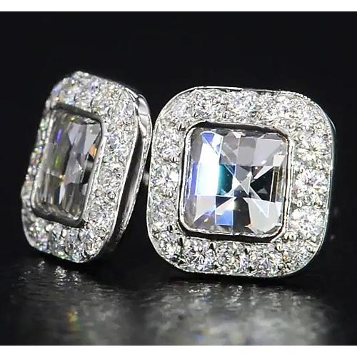 Asscher Real Diamond Halo Stud Earrings 4 Carats White Gold 14K Jewelry