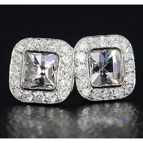 Asscher Real Diamond Halo Stud Earrings 4 Carats White Gold 14K Jewelry
