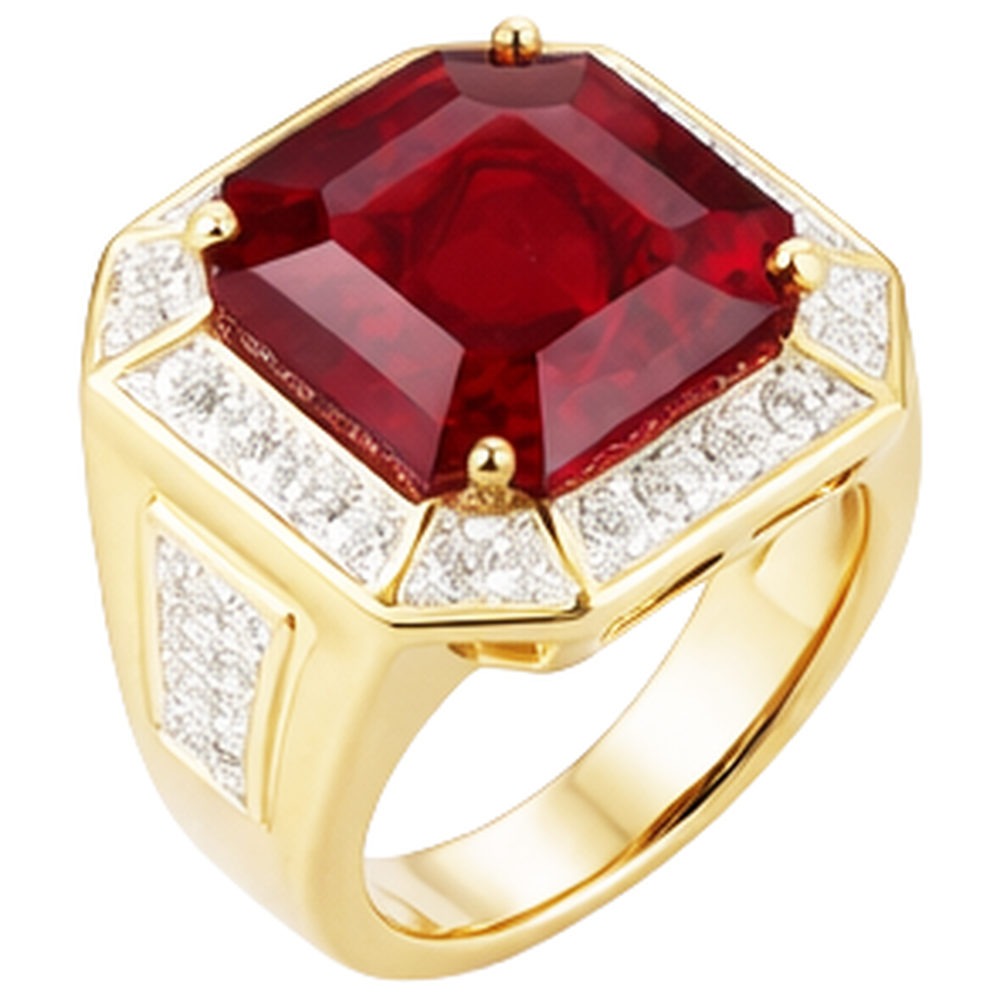 Asscher Red Men's Ruby Ring With Natural Earth Mined Diamond 11 Carats Yellow Gold 14K