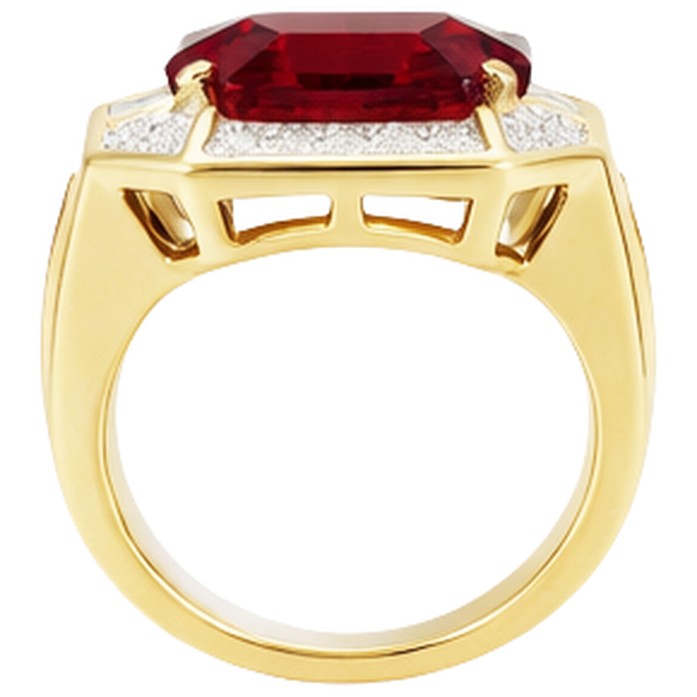 Asscher Red Men's Ruby Ring With Natural Earth Mined Diamond 11 Carats Yellow Gold 14K