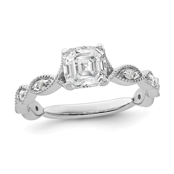 Asscher & Round Real Diamond Engagement Ring 3.50 Carats White Gold 14K