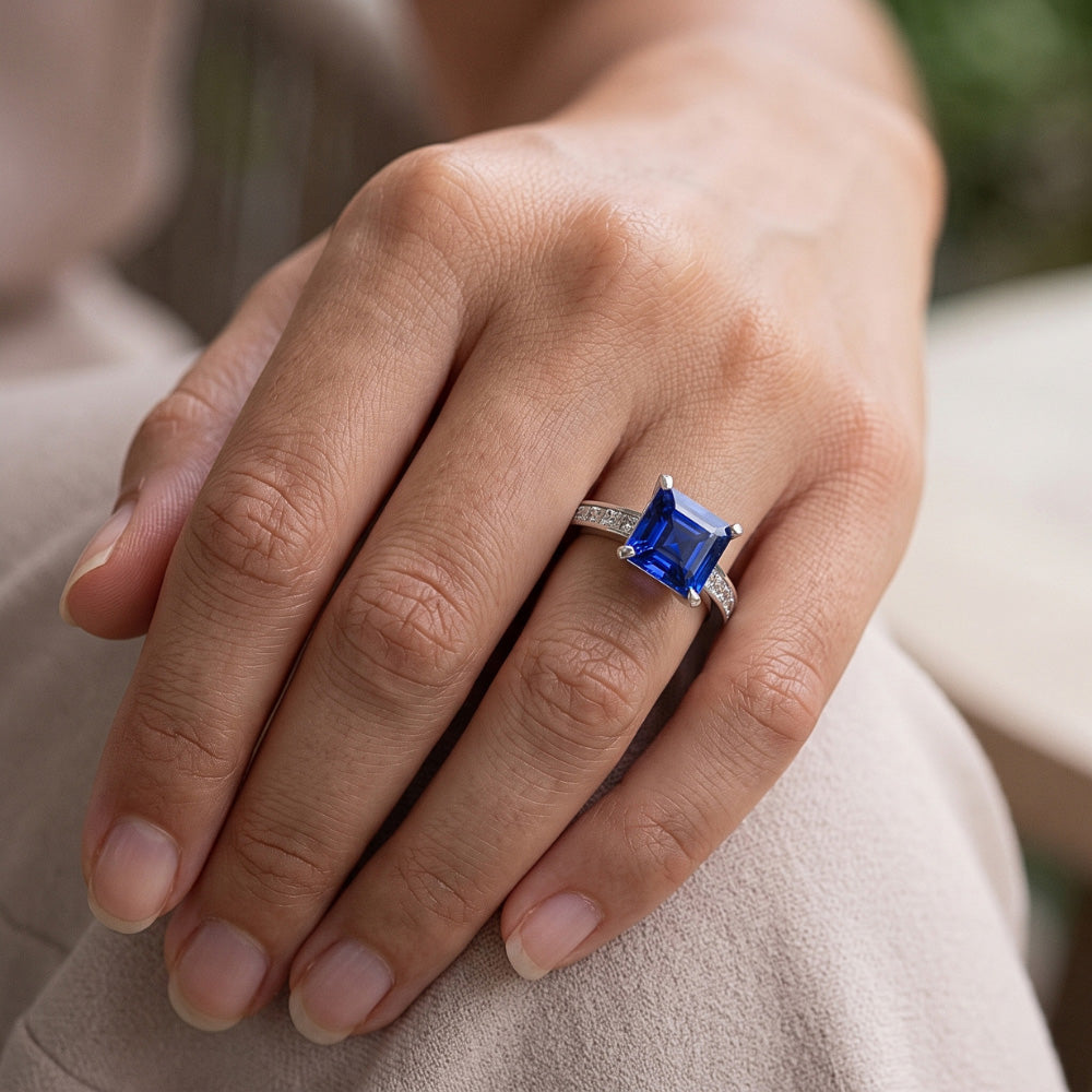 Asscher Sapphire & Baguette Natural Earth Mined Diamond Ring Gold Jewellery 2.50 Carats