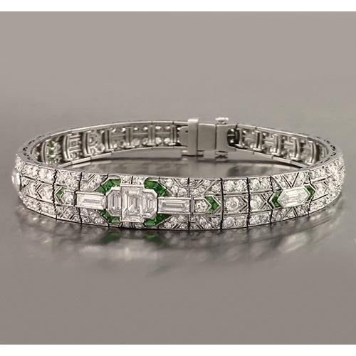 Baguette Emerald Real Diamond Bracelet 17.50 Carats White Gold 14K