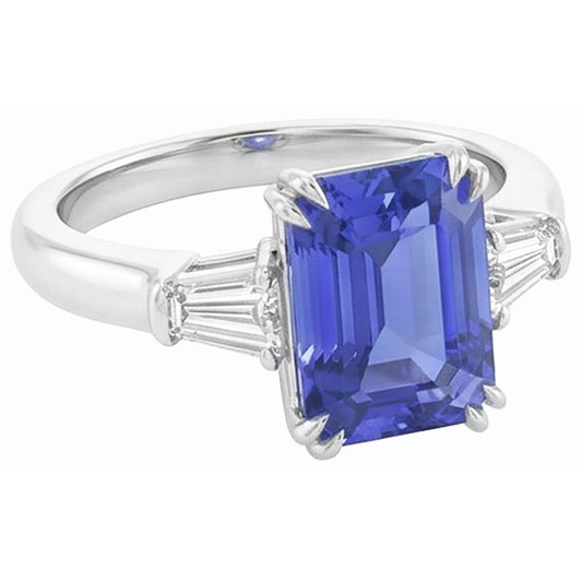 Baguette Natural Earth Mined Diamond 3 Stone Emerald Cut Blue Sapphire Ring 2.25 Carats