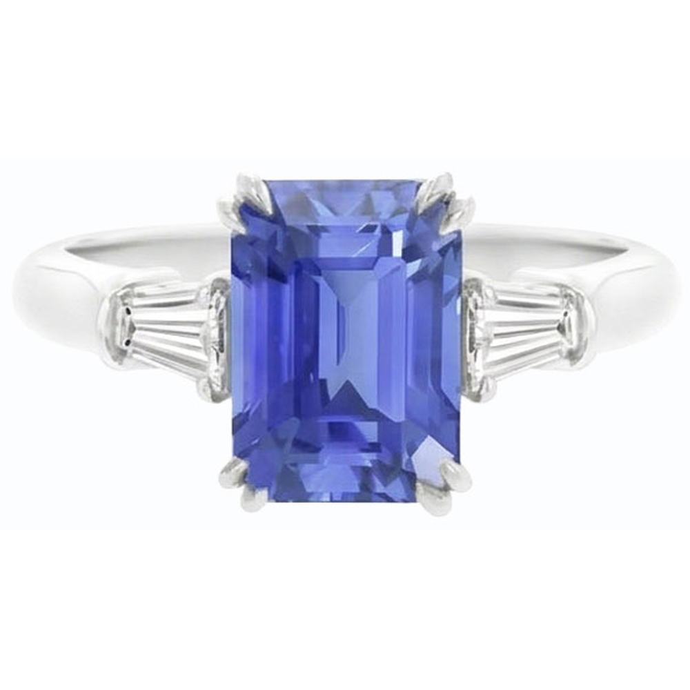 Baguette Natural Earth Mined Diamond 3 Stone Emerald Cut Blue Sapphire Ring 2.25 Carats