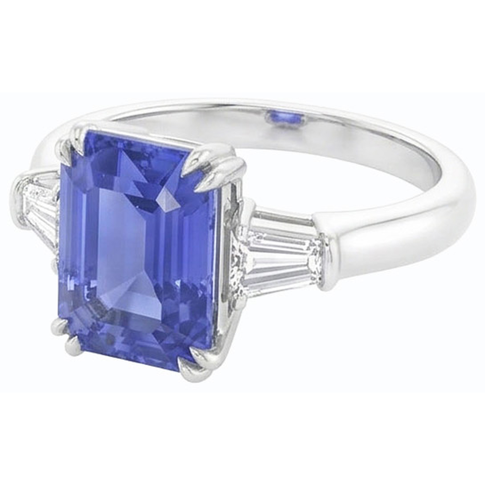 Baguette Natural Earth Mined Diamond 3 Stone Emerald Cut Blue Sapphire Ring 2.25 Carats