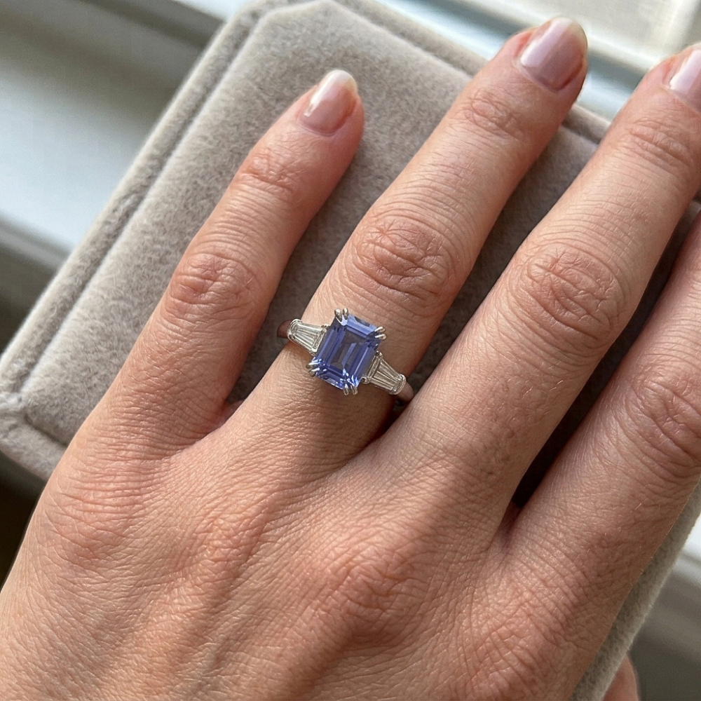 Baguette Natural Earth Mined Diamond 3 Stone Emerald Cut Blue Sapphire Ring 2.25 Carats