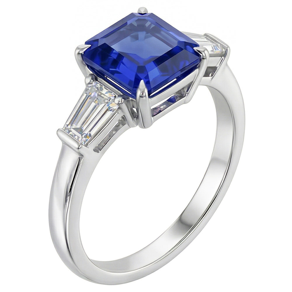 Baguette Natural Earth Mined Diamond 3 Stone Ring Asscher Cut Blue Sapphire 2.50 Carats