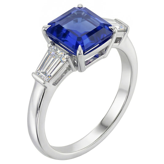 Baguette Natural Earth Mined Diamond 3 Stone Ring Asscher Cut Blue Sapphire 2.50 Carats