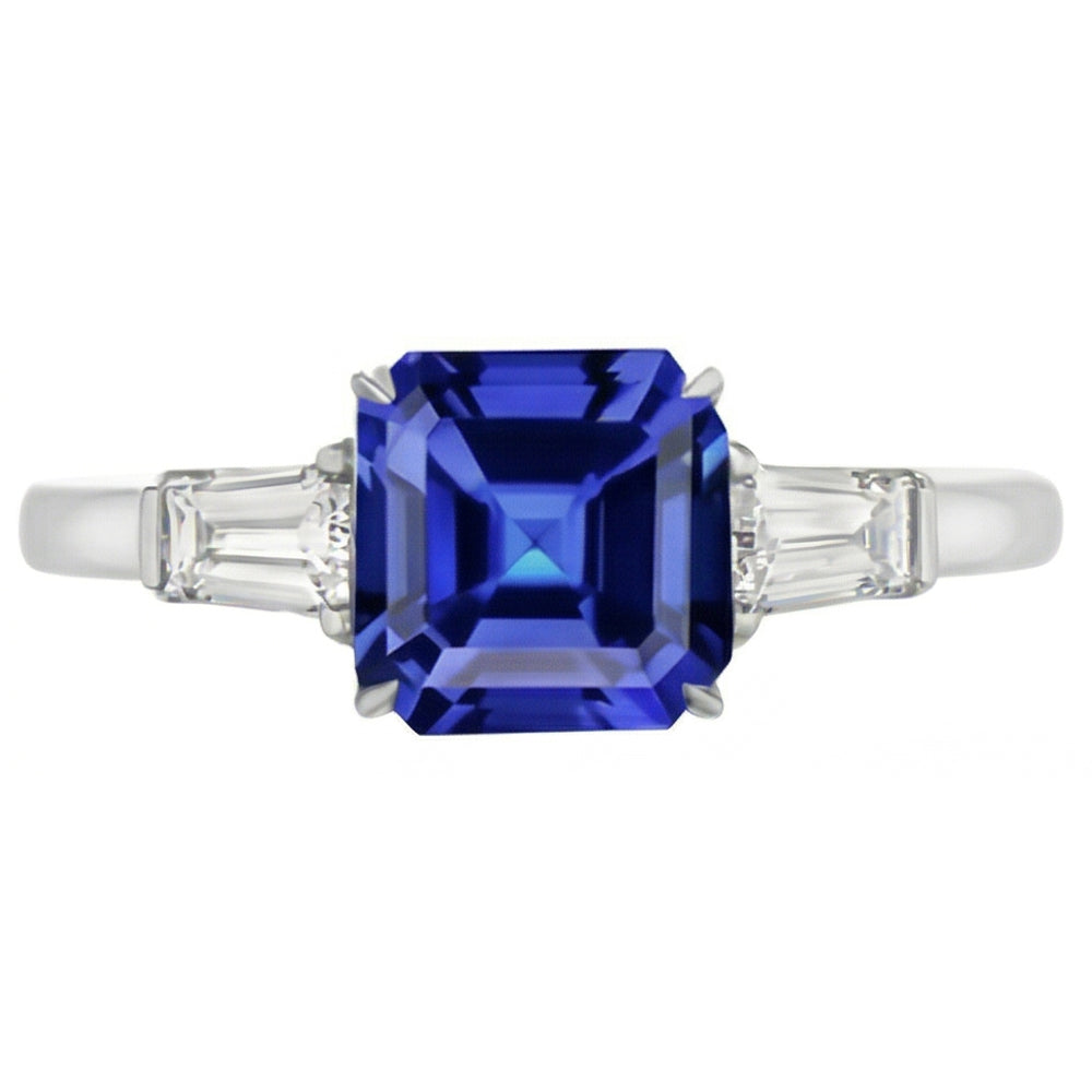 Baguette Natural Earth Mined Diamond 3 Stone Ring Asscher Cut Blue Sapphire 2.50 Carats