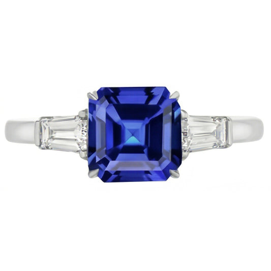 Baguette Natural Earth Mined Diamond 3 Stone Ring Asscher Cut Blue Sapphire 2.50 Carats
