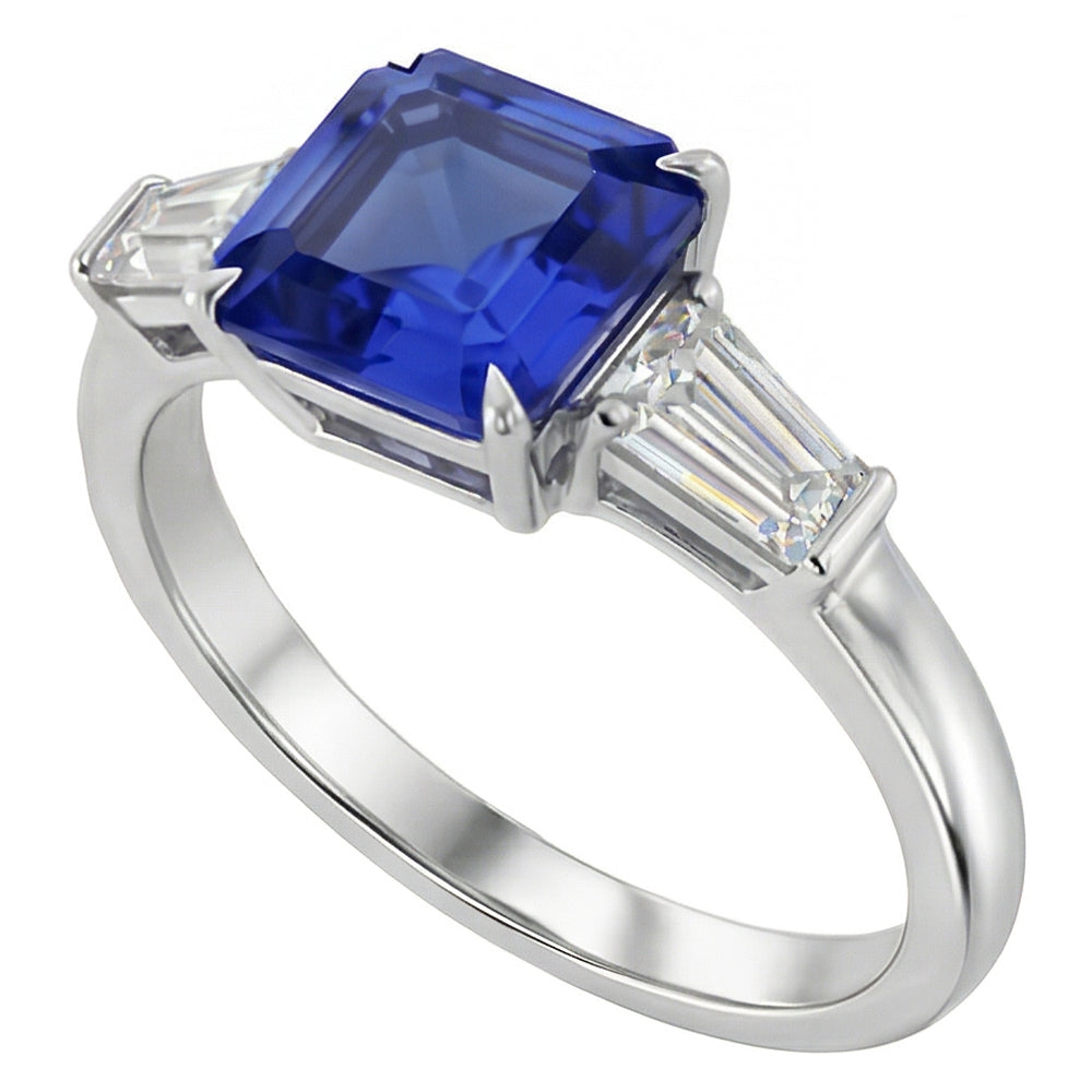 Baguette Natural Earth Mined Diamond 3 Stone Ring Asscher Cut Blue Sapphire 2.50 Carats
