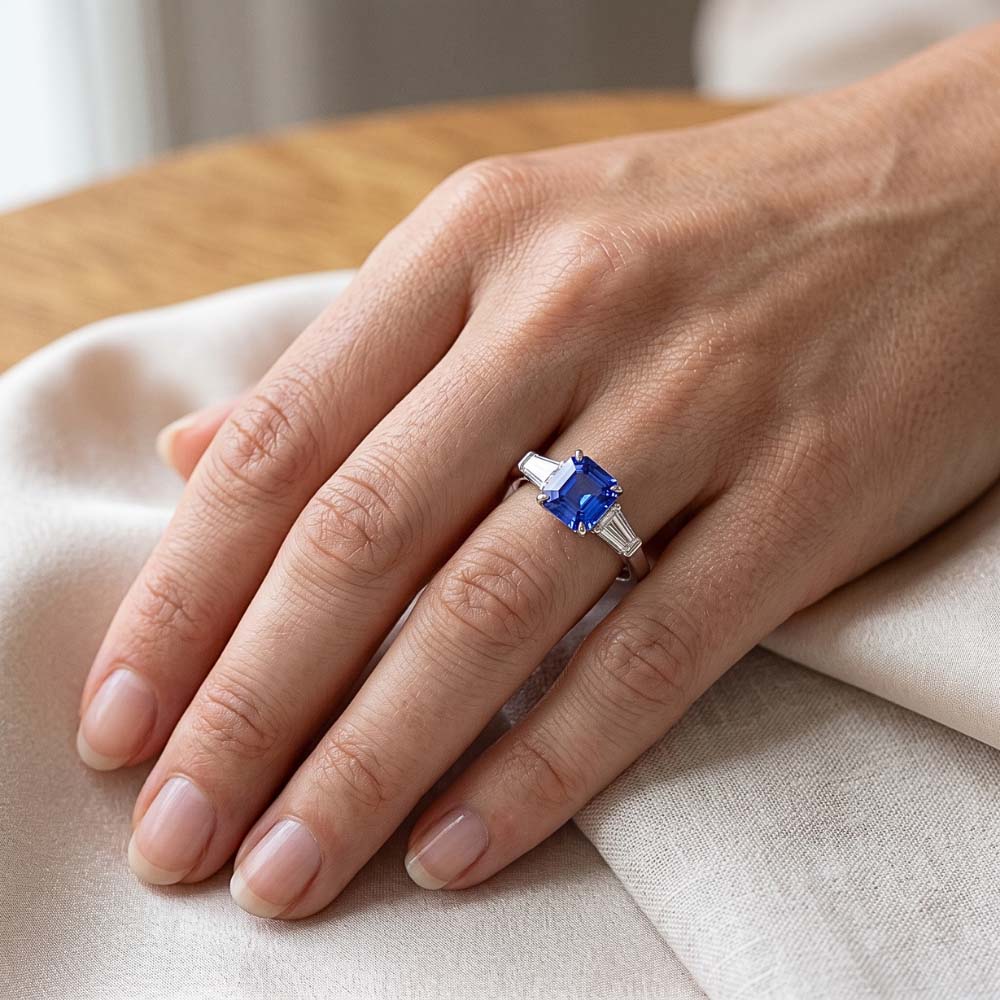 Baguette Natural Earth Mined Diamond 3 Stone Ring Asscher Cut Blue Sapphire 2.50 Carats