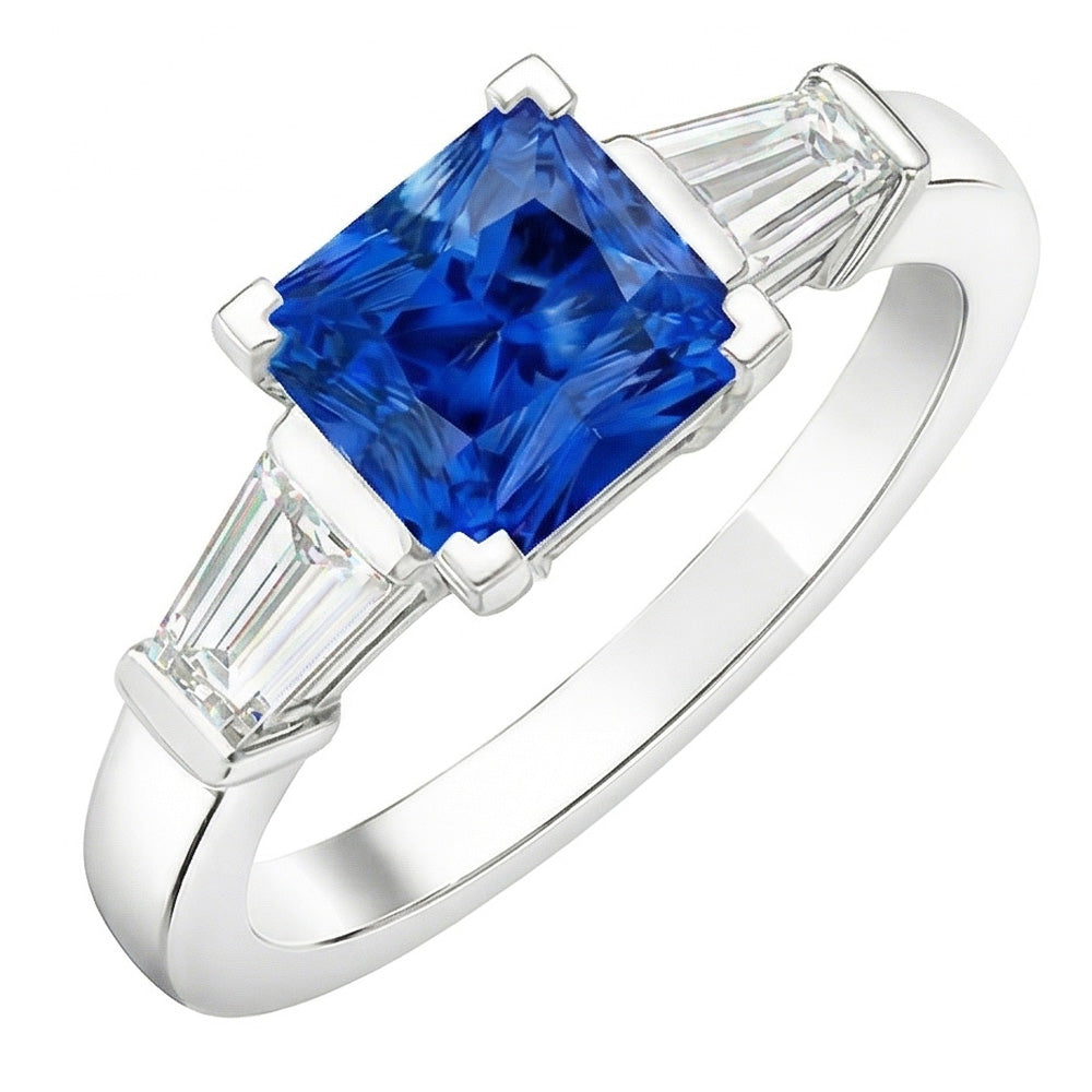 Baguette Natural Earth Mined Diamond 3 Stone Ring Radiant Light Blue Sapphire 2.50 Carats