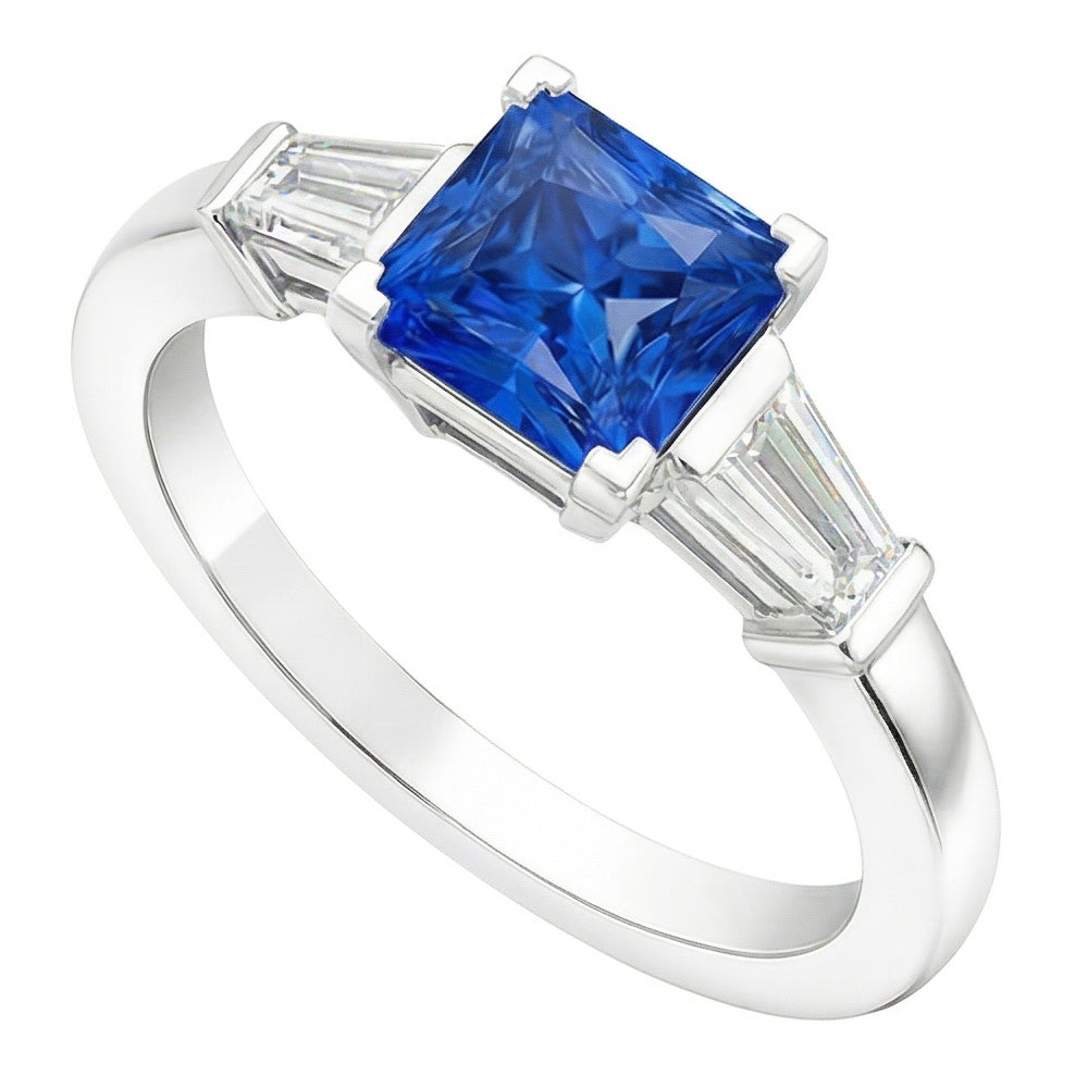 Baguette Natural Earth Mined Diamond 3 Stone Ring Radiant Light Blue Sapphire 2.50 Carats