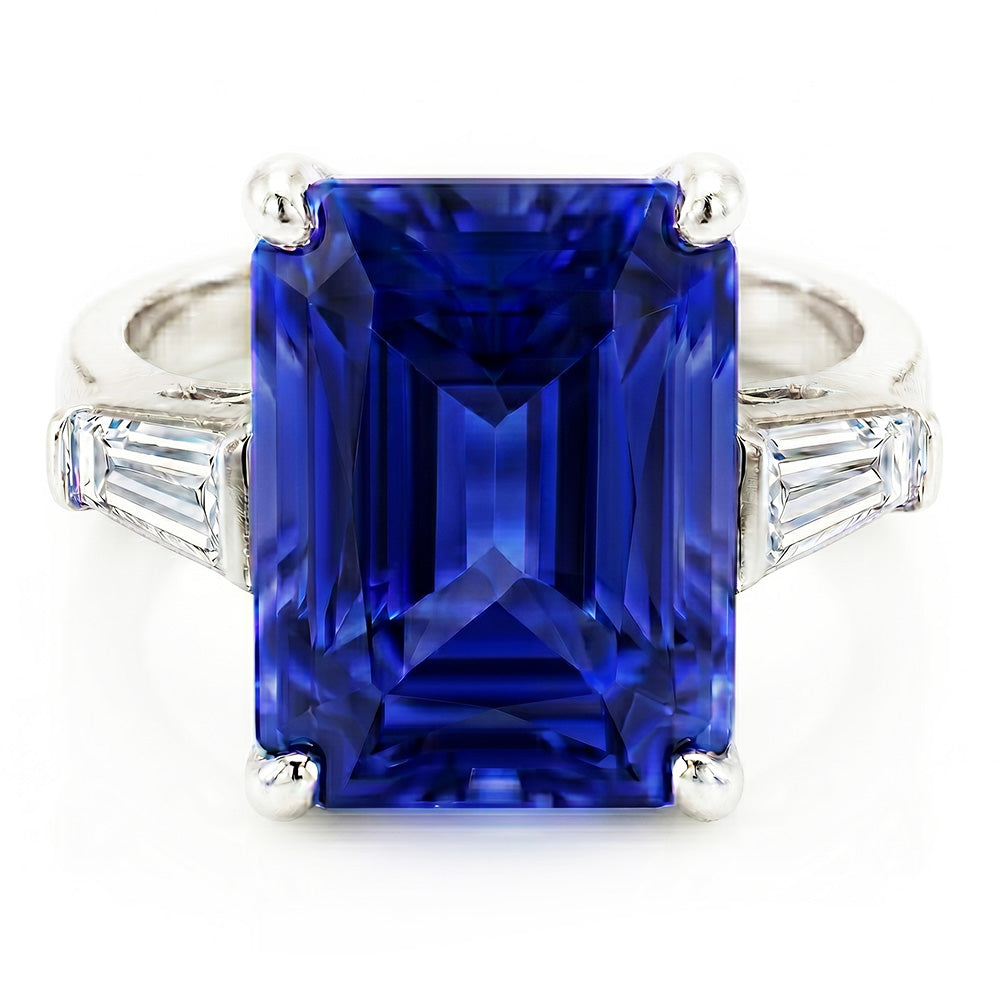 Baguette Natural Earth Mined Diamond 3 Stone Ring Radiant Light Blue Sapphire 2.50 Carats