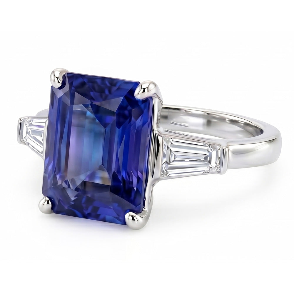 Baguette Natural Earth Mined Diamond 3 Stone Ring Radiant Light Blue Sapphire 2.50 Carats