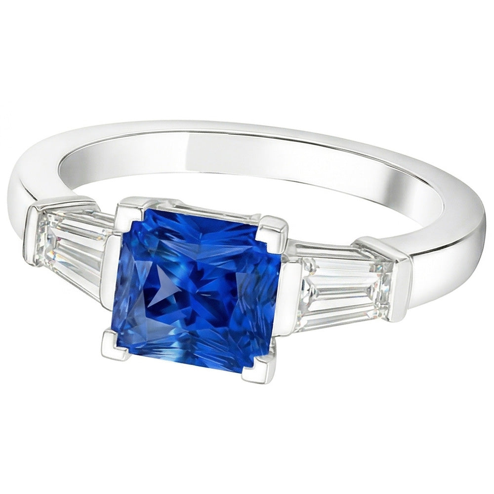 Baguette Natural Earth Mined Diamond 3 Stone Ring Radiant Light Blue Sapphire 2.50 Carats