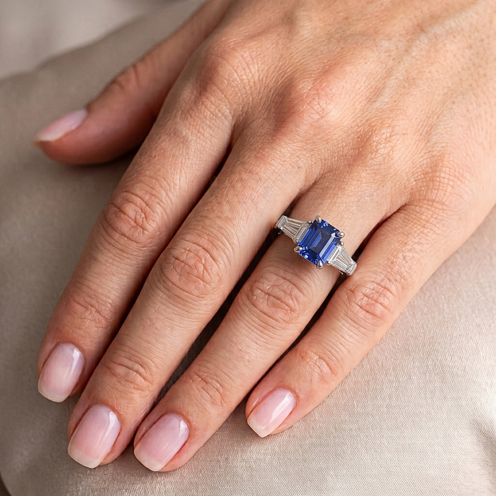 Baguette Natural Earth Mined Diamond 3 Stone Ring Radiant Light Blue Sapphire 2.50 Carats