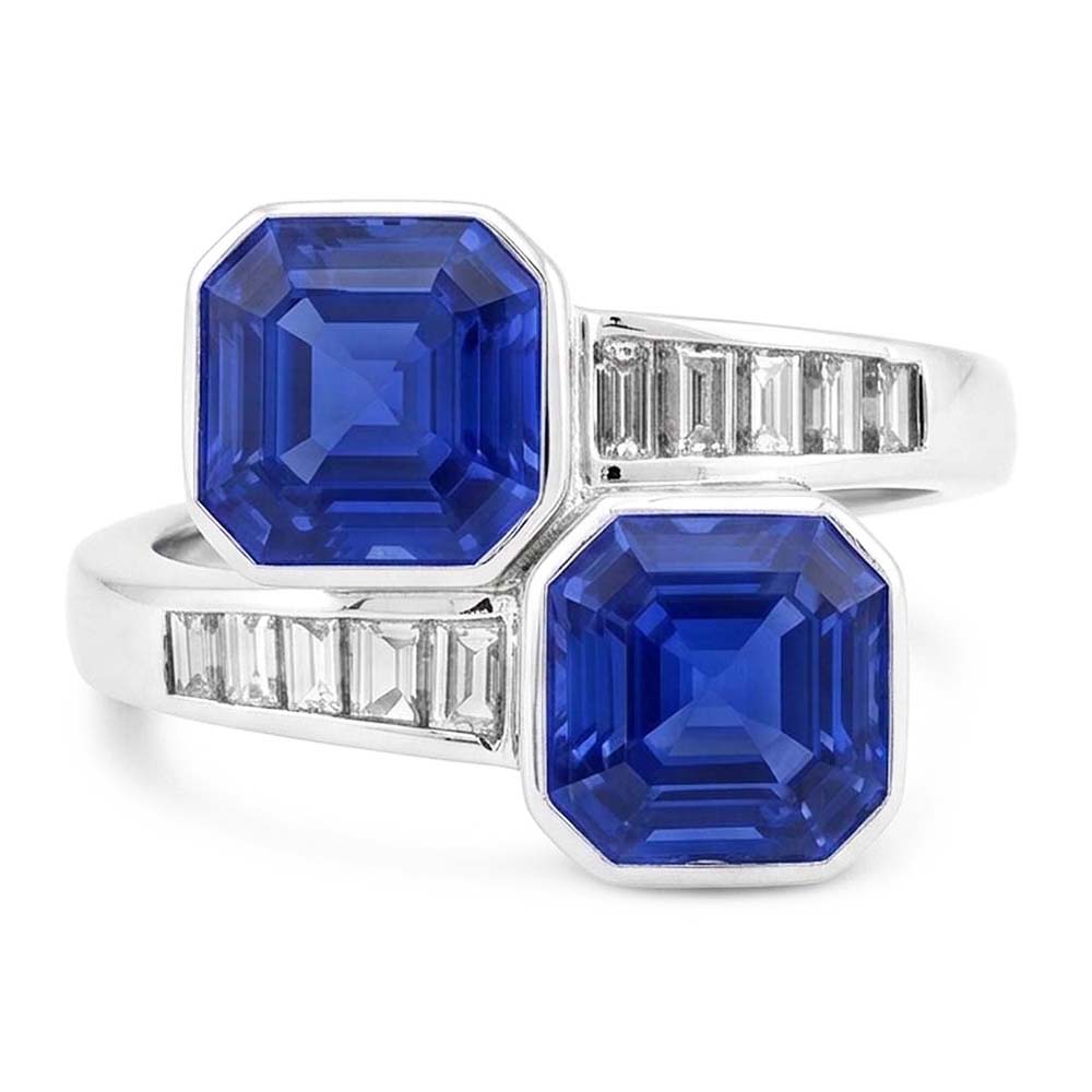 Baguette Natural Earth Mined Diamond Asscher Sapphire Ring Bezel & Channel Set 4.50 Carats