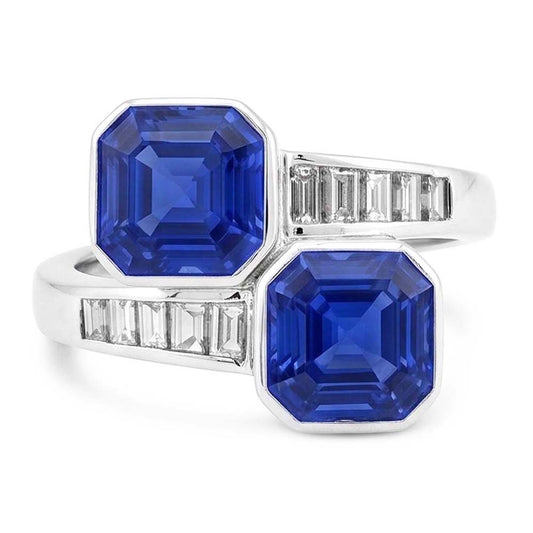Baguette Natural Earth Mined Diamond Asscher Sapphire Ring Bezel & Channel Set 4.50 Carats