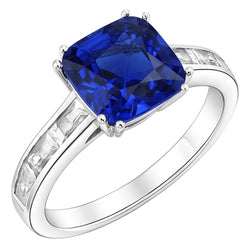 Baguette Natural Earth Mined Diamond Cushion Blue Sapphire Ring 4 Carats Gold 14K Jewellery