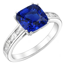 Baguette Natural Earth Mined Diamond Cushion Blue Sapphire Ring 4 Carats Gold 14K Jewellery