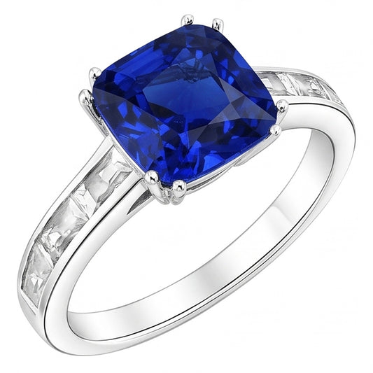 Baguette Natural Earth Mined Diamond Cushion Blue Sapphire Ring 4 Carats Gold 14K Jewellery