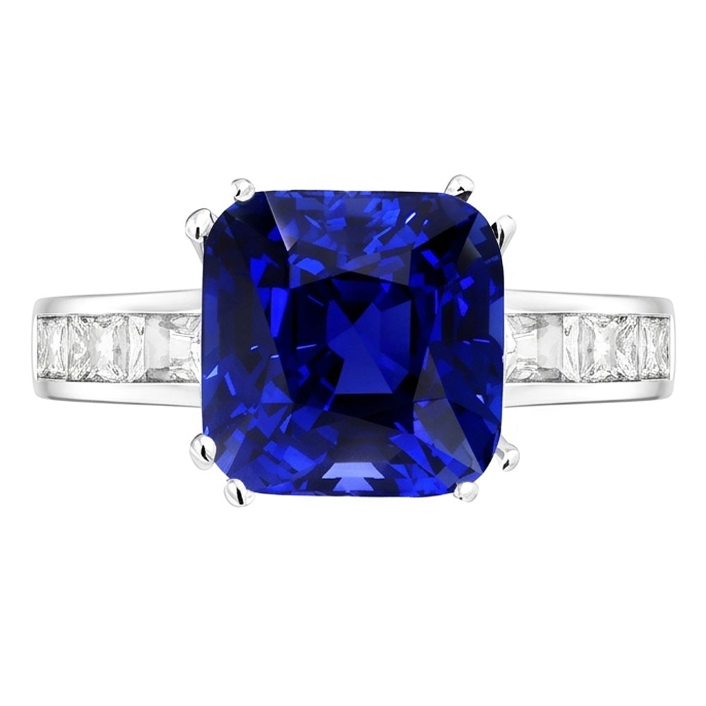 Baguette Natural Earth Mined Diamond Cushion Blue Sapphire Ring 4 Carats Gold 14K Jewellery