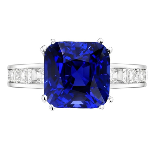 Baguette Natural Earth Mined Diamond Cushion Blue Sapphire Ring 4 Carats Gold 14K Jewellery