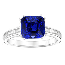 Baguette Natural Earth Mined Diamond Cushion Blue Sapphire Ring 4 Carats Gold 14K Jewellery