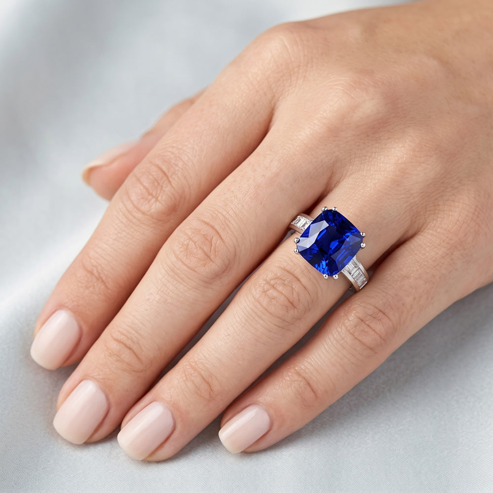 Baguette Natural Earth Mined Diamond Cushion Blue Sapphire Ring 4 Carats Gold 14K Jewellery