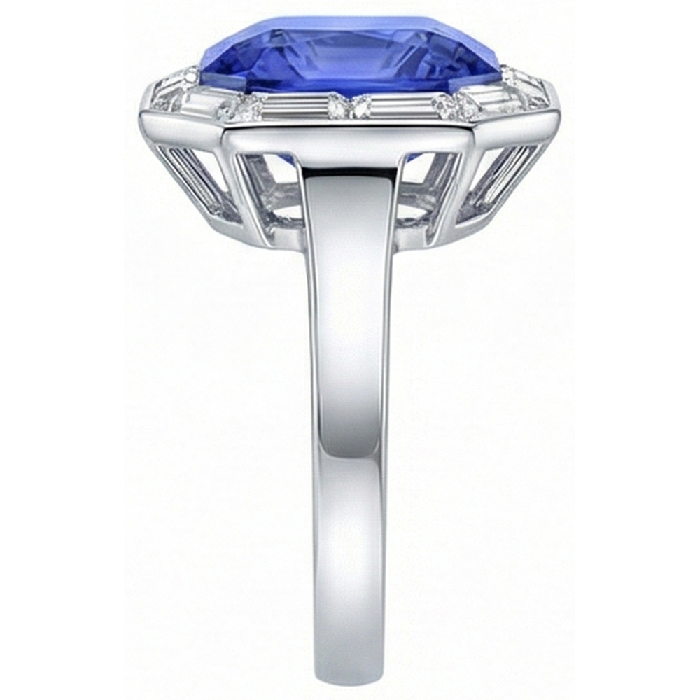 Baguette Natural Earth Mined Diamond Halo Radiant Blue Sapphire Ring 3.50 Carats 14K Gold