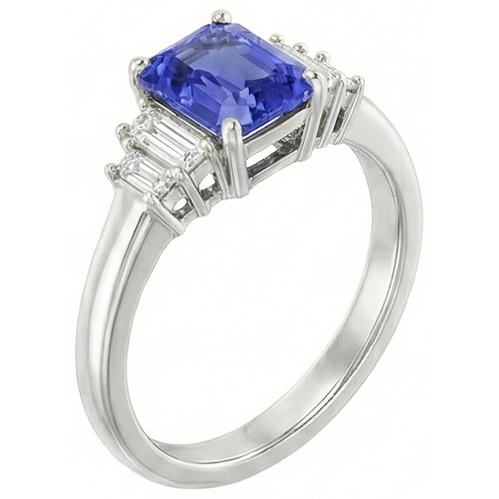 Baguette Natural Earth Mined Diamond Ring Ceylon Sapphire Jewellery 2.50 Carats 4 Prong Set