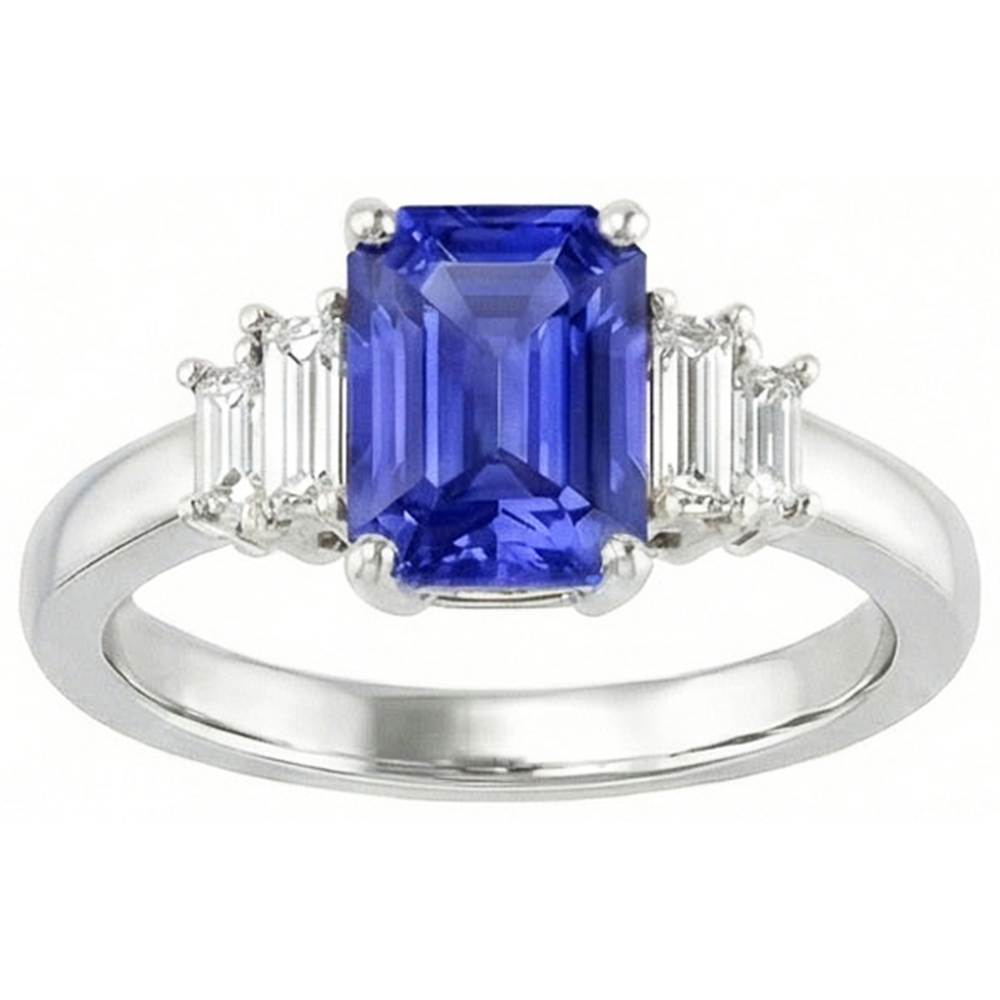 Baguette Natural Earth Mined Diamond Ring Ceylon Sapphire Jewellery 2.50 Carats 4 Prong Set