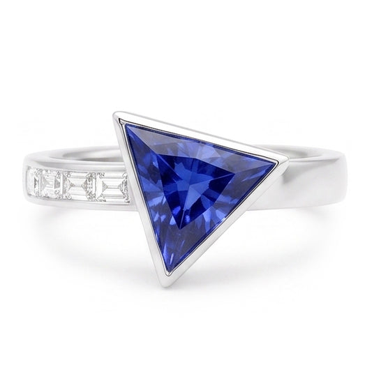 Baguette Natural Earth Mined Diamond Ring Trillion Bezel Set Blue Sapphire 1.75 Carats