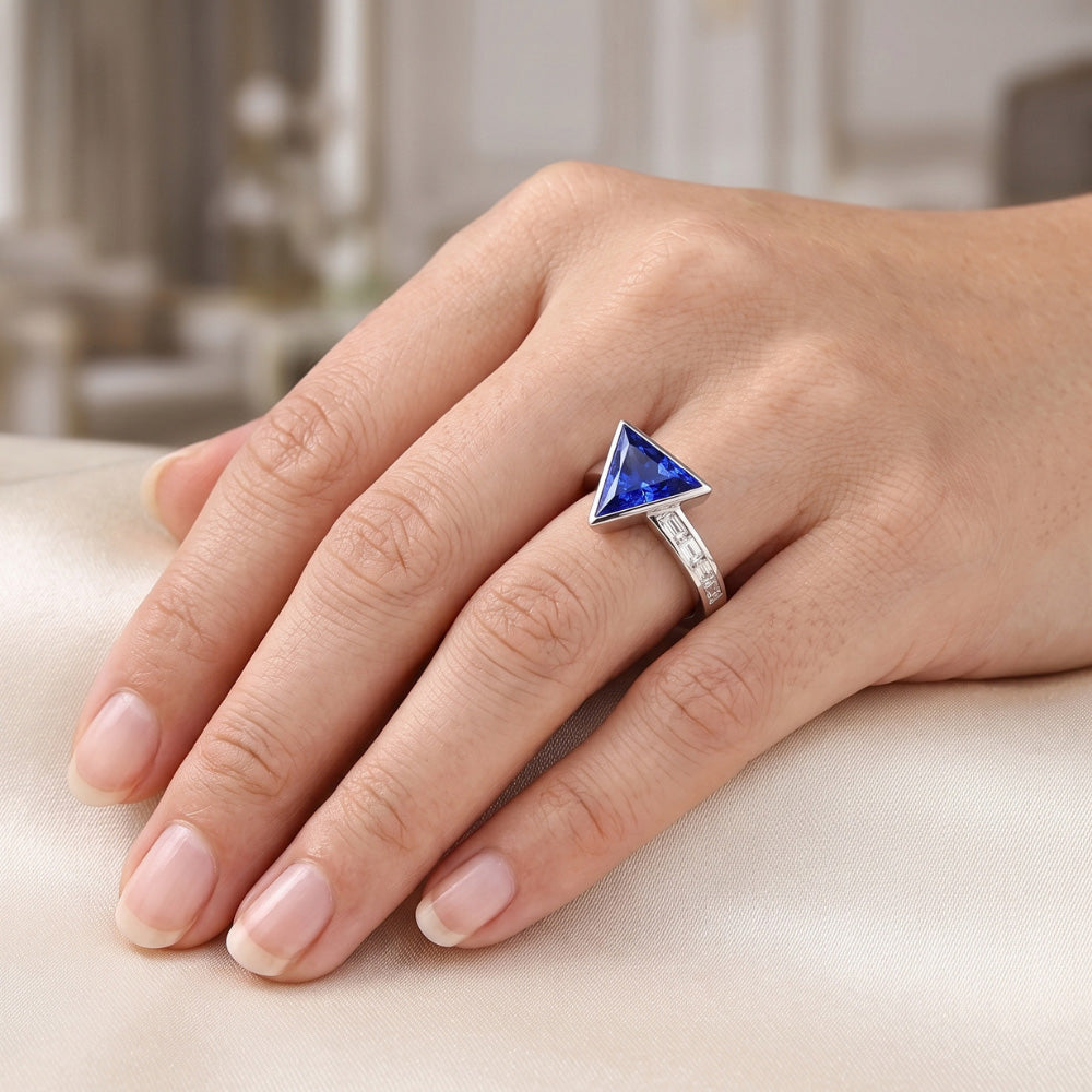 Baguette Natural Earth Mined Diamond Ring Trillion Bezel Set Blue Sapphire 1.75 Carats