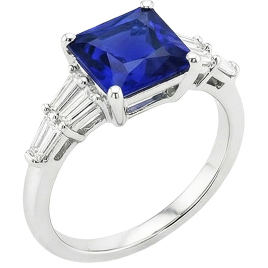 Baguette Natural Earth Mined Diamond Ring & Princess Ceylon Sapphire Gemstone 5.50 Carats