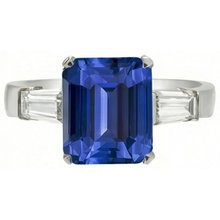 Baguette Natural Earth Mined Diamond Three Stone Emerald Ceylon Sapphire Ring 3.50 Carats