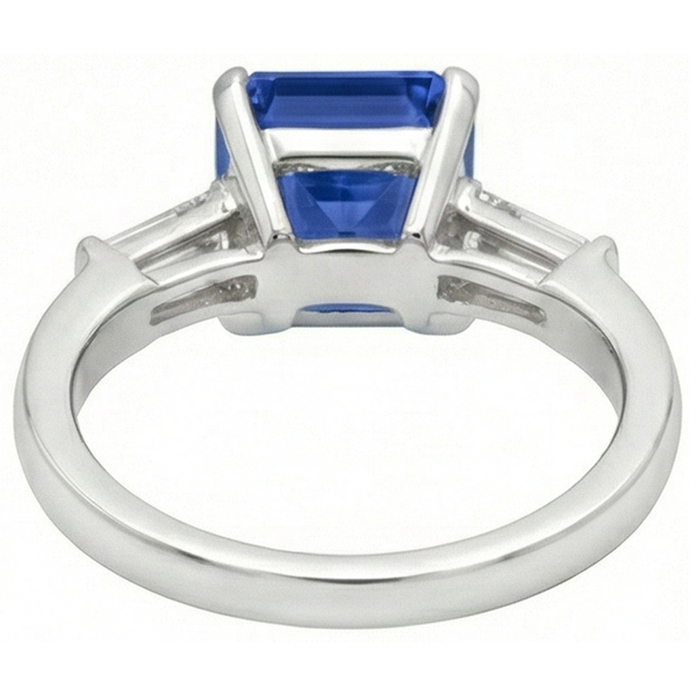 Baguette Natural Earth Mined Diamond Three Stone Emerald Ceylon Sapphire Ring 3.50 Carats