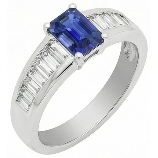 Baguette Natural Earth Mined Diamond Wedding Ring 2 Carats Emerald Blue Sapphire Gemstone