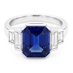 Baguette Natural Earth Mined Diamond & Radiant Cut Blue Sapphire Ring Bar Set 2 Carats