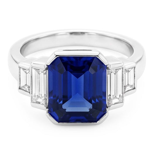 Baguette Natural Earth Mined Diamond & Radiant Cut Blue Sapphire Ring Bar Set 2 Carats