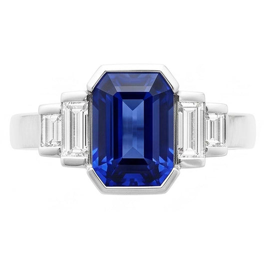 Baguette Natural Earth Mined Diamond & Radiant Cut Blue Sapphire Ring Bar Set 2 Carats