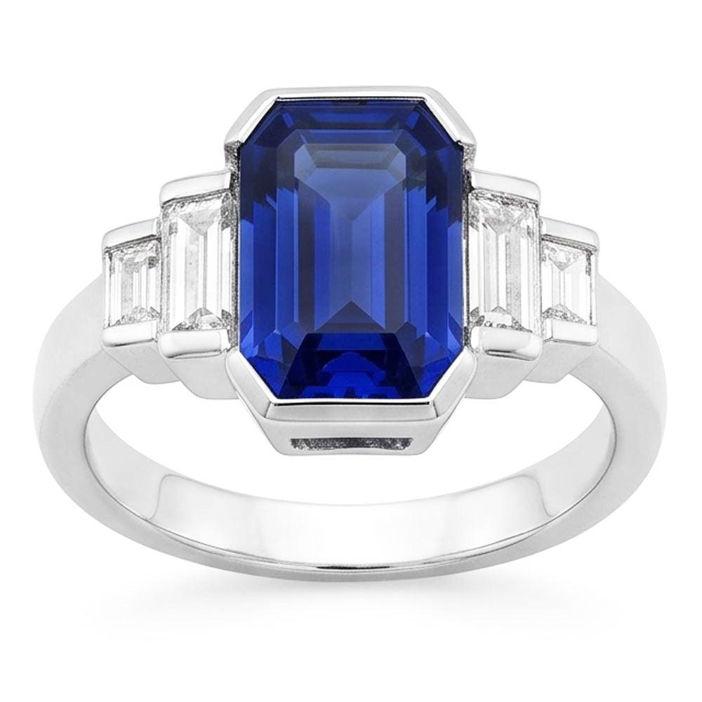 Baguette Natural Earth Mined Diamond & Radiant Cut Blue Sapphire Ring Bar Set 2 Carats